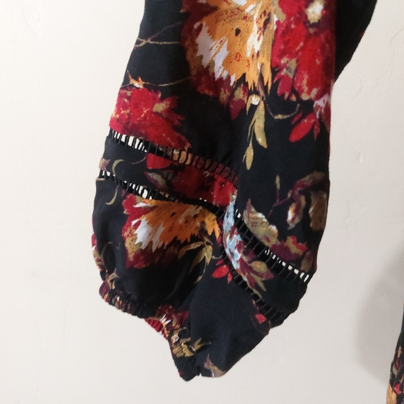 Time and Tru Large 12-14 Womens Rust Orange Black Boho Floral Long Sleeve Blouse - Picture 5 of 8